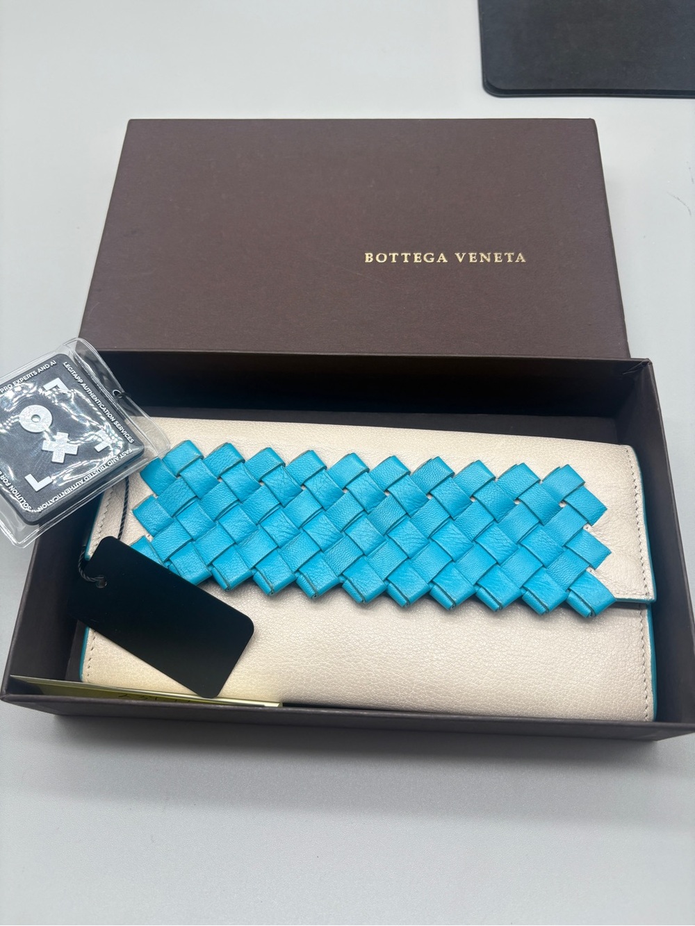 Bottega Veneta Intrecciato Continental Wallet White Turquoise Box Auth